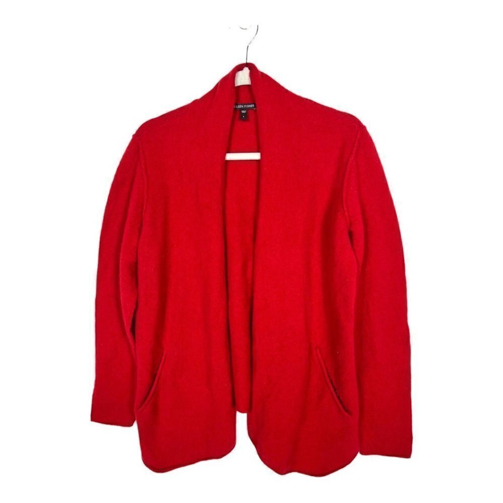 Eileen fisher 100% wool red open sweater with‎ pockets